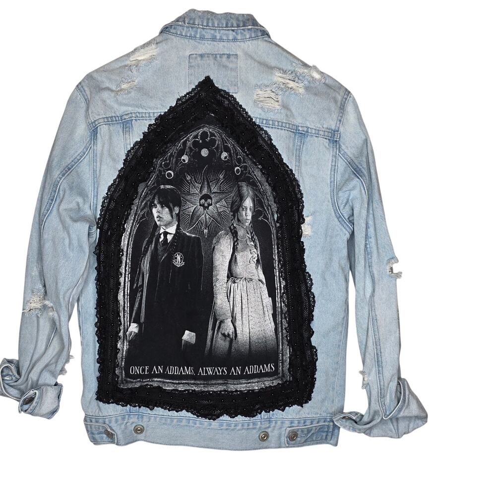 One Of A Kind Upcycled Reworked Wednesday Addams Denim Jacket Sz S